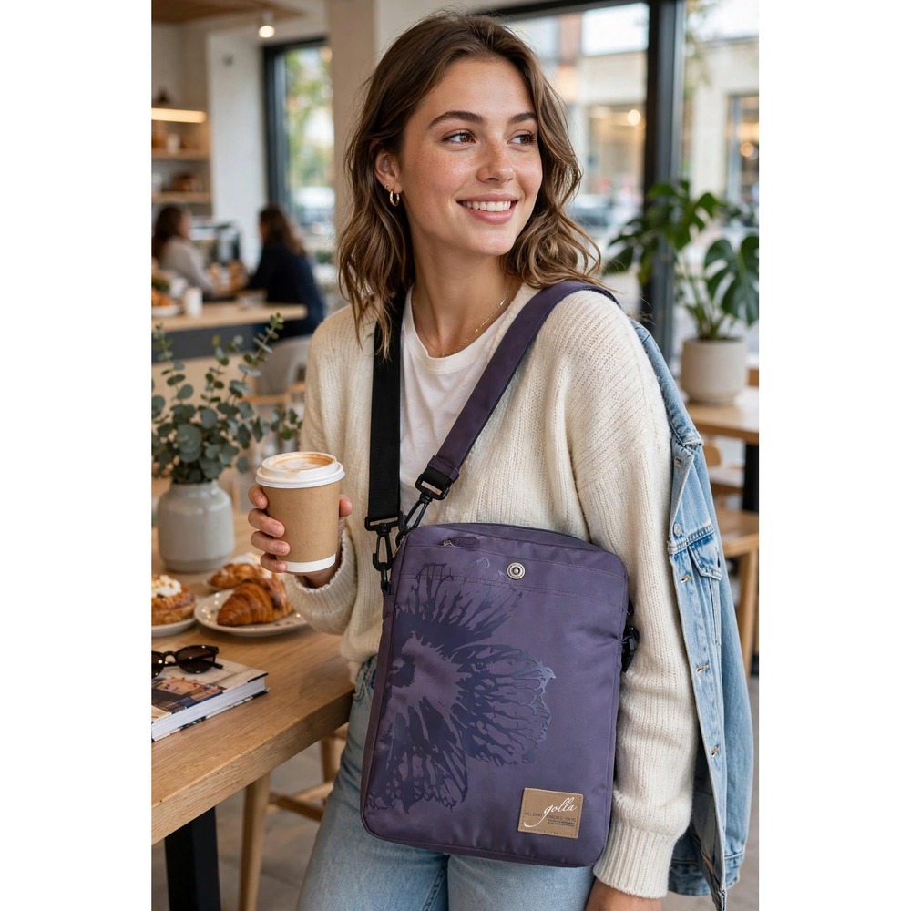Golla Unisex 14 Inch Laptop Tablet Shoulder Bag Purple Canvas Floral Graphic